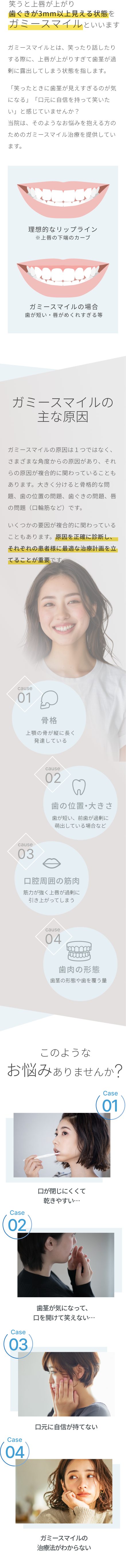 笑うと上唇が上がり歯ぐきが3mm以上見える状態をガミースマイルといいます